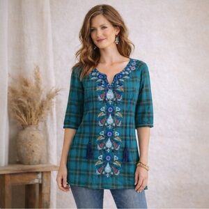 Johnny Was 3J‎ Workshop Small Teal Plaid Embroidered Tunic Top Boho Hippie